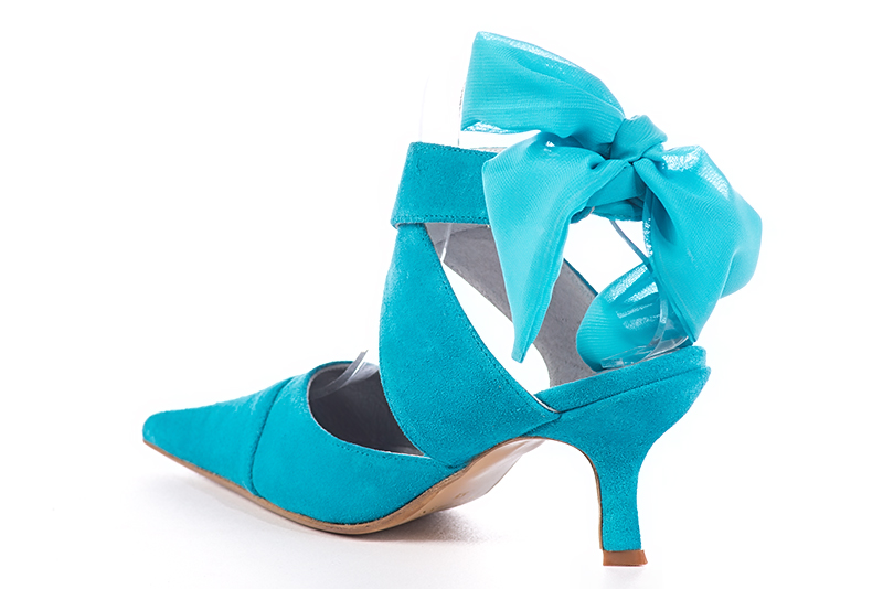 Turquoise blue women's open back shoes, with crossed straps. Pointed toe. High spool heels. Rear view - Florence KOOIJMAN